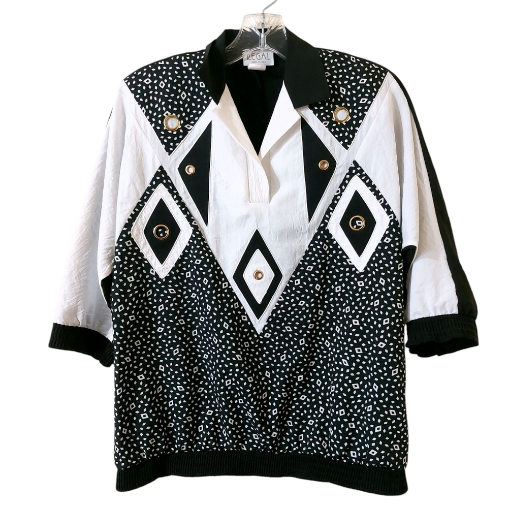 Regal Vintage 80s Retro Black White Gold Geometric Windbreaker Pull Over Top